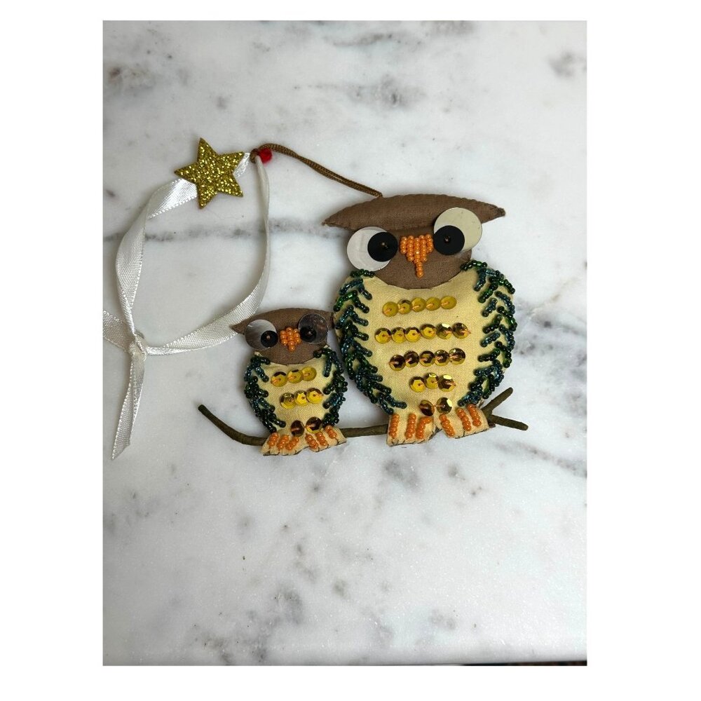 Handcrafted Owl Mommy & Baby Ornament With Sequins & Ribbon Fall Winter Decor